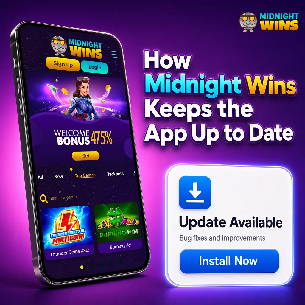 Midnight Wins app update banner showing new Android APK version with security patches and iOS PWA auto-update