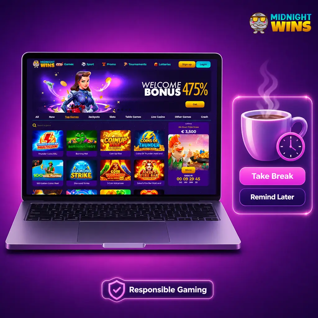 Midnight Wins responsible gaming dashboard showing deposit limits, self-exclusion and support tools for 2026