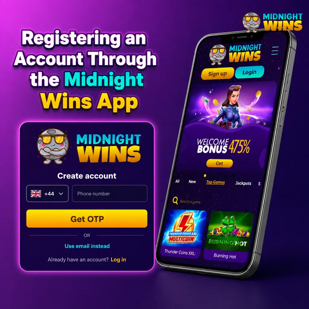 Step-by-step guide to registering an account on the Midnight Wins app and claiming a deposit bonus.