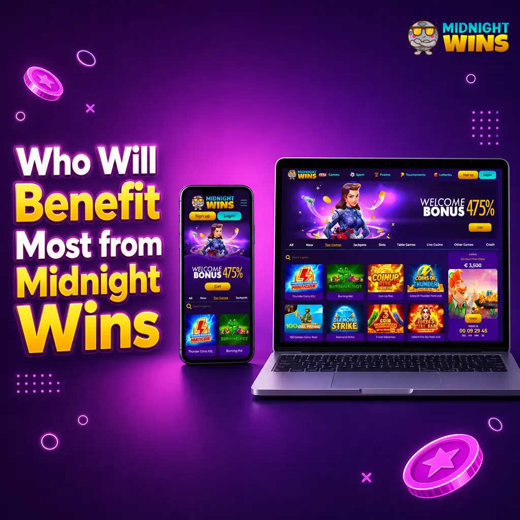 Midnight Wins sportsbook and casino platform showing slots, live dealer games and crypto betting options for UK players.